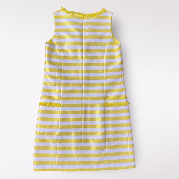 Badgley Mischka Belle Bright Yellow White Stripe Fringe Trim Sheath Dress Size 2 - Picture 3 of 11
